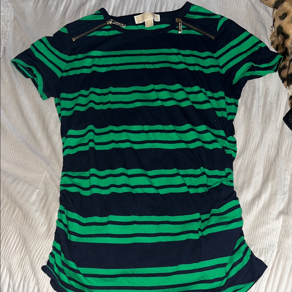 Michael Kors Striped Short Sleeve Zipper Detail Top - Green & Navy